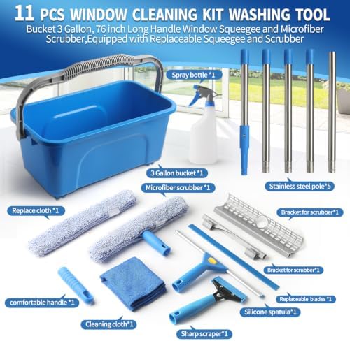 11PCS Window Cleaning Kit Washing Tool, Bucket 3 Gallon, 76 inch Long Handle Window Squeegee and Microfiber Scrubber,Equipped with Replaceable Squeegee and Scrubber for Home Business Use