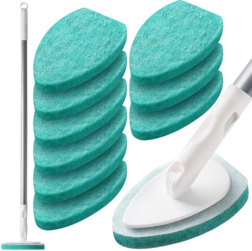 Professional Shower Scrubber with Long Handle, Shower Cleaner Brush, Shower and tub Scrubber with 10 PCS Non-Scratch Scouring Pads for Bathroom Shower and tub