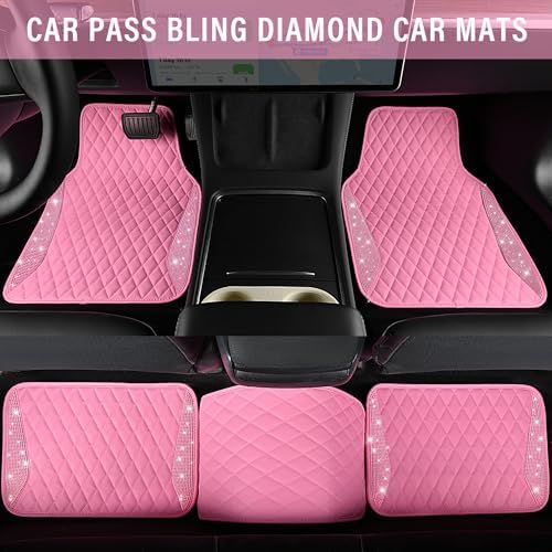 Bling Leather Car Mats Shining Diamond Floor Mats Crystal Rhinestones Sparkly Glitter Carpet Anti-Slip Waterproof Pad Universal Fit for Automotive SUV, Sedan, Van, 5pcs for Girl Women Pink