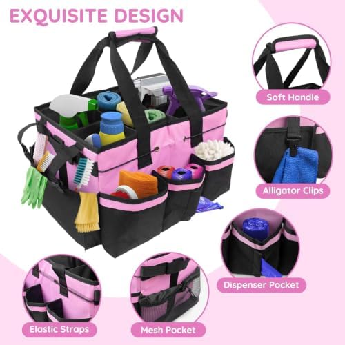 Large Cleaning Caddy Bag with Handle, Built-in Sturdy Support Board, Adjustable Shoulder Strap, Multi-compartment Design Cleaning Supply Tote for Cleaners & Housekeepers (Pink)