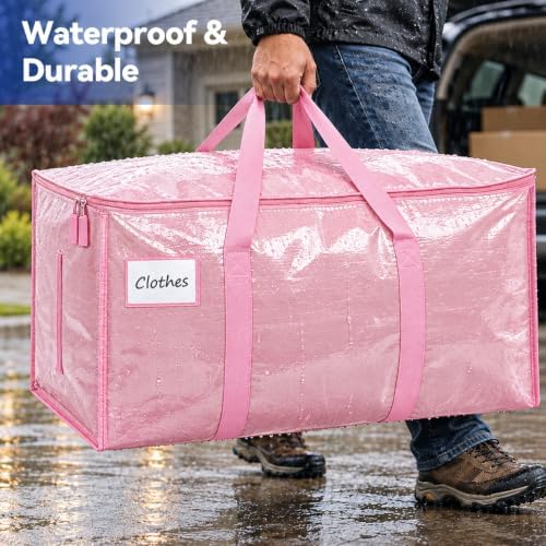 8 Pack 24 Gal Heavy Duty Moving Bags, Extra Large Storage Totes Zipper, Reinforced Handles, Label Window, Pink, Reusable Tote (Pink, 8 Pack)