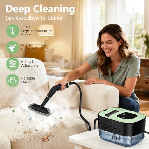 Steam Cleaner, Portable Steamer for Cleaning with 16pcs Accessories, 6-Level Adjustable and 15s Heat-Up, Handheld Steam Cleaner for Home, Tile, Dirt, Grout, Grease, Car Detailing, Dark Green