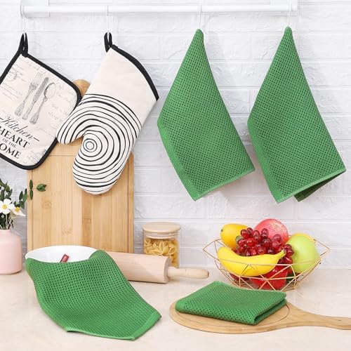 100% Cotton Waffle Weave Kitchen Dish Cloths 6-Pack, Grass Green
