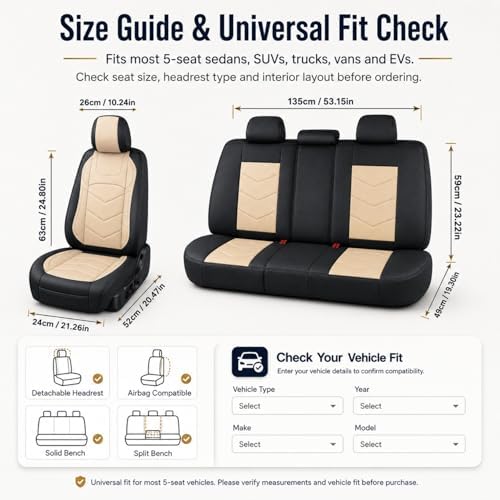 Car Seat Covers Full Set 5 Seats, Leather Car Seat Cover, Car Seat Cushion Waterproof, Front Seats Back Seat Covers, Car Seat Protector Universal Fit Trucks Vans SUVs Sedans Most Cars Black&Tan