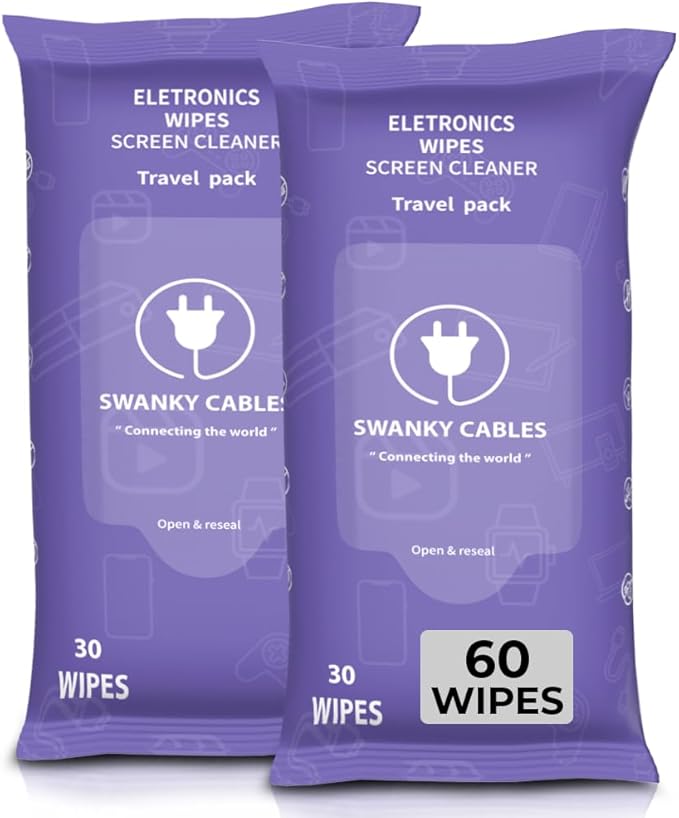 Swanky Cables Screen Cleaner Wipes: Electronic Wipes for Screens - Computer Screen Wipes for Lens, Phone, Tv Screen and Monitor Cleaning - Tech Wipes & Microfiber Cloth (Soft Wipes, 60 Count)