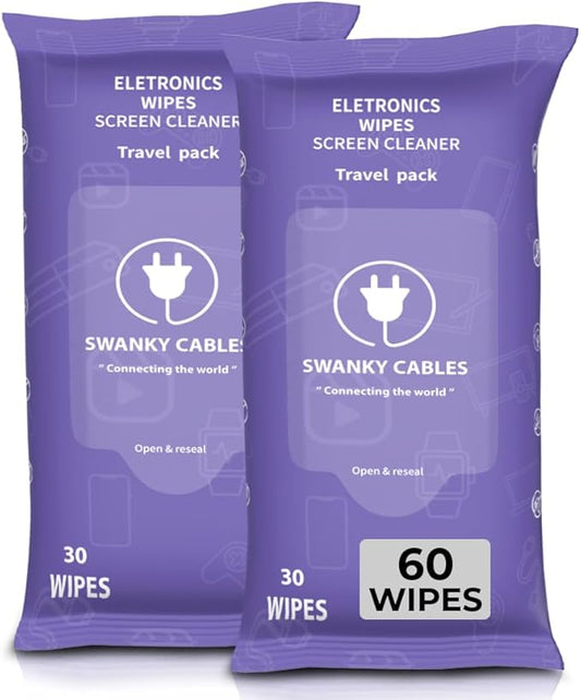 Swanky Cables Screen Cleaner Wipes: Electronic Wipes for Screens - Computer Screen Wipes for Lens, Phone, Tv Screen and Monitor Cleaning - Tech Wipes & Microfiber Cloth (Soft Wipes, 60 Count)