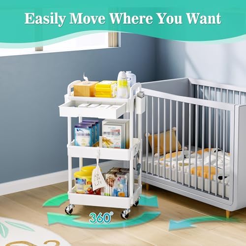 3 Tier Rolling Cart with Drawer, Craft Storage Cart Organizer,White