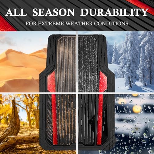 Heavy Duty Rubber Car Mats Metallic, Aluminum Film All Weather Floor Mats Waterproof Universal Trim to Fit Automotive SUV Sedan Van 4 Piece Anodized Deep Dish Two-Tone Sporty Black Red Chrome