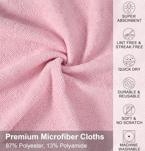 Microfiber Cleaning Cloth, Reusable Paper Towels Rolls, 50 Packs 12x12 inch Cleaning Rags for Washing Dishes, Kitchen, Bathroom, Car, Pink