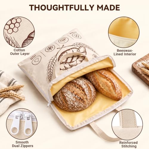 2 Pack Beeswax Bread Bag, Reusable Sourdough Storage, Zipper