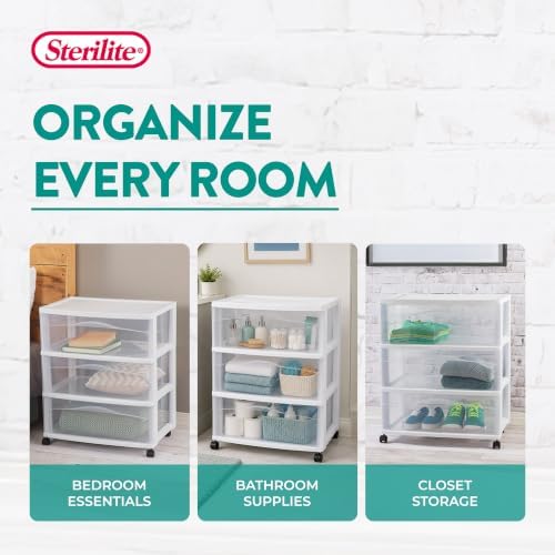 Wide 3 Drawer Storage Cart Plastic Rolling Organizer, White Frame