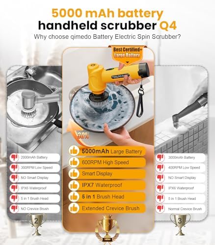 Electric Spin Scrubber Q4, 5000mAh Large Battery, 248-Min Runtime, 600RPM