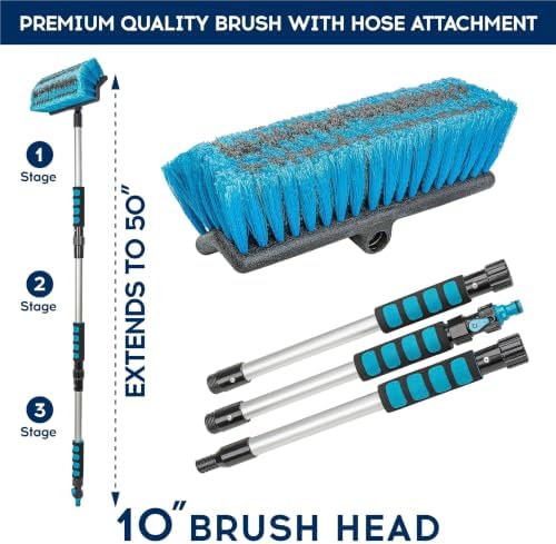Car Wash Brush with 50'' Long Handle, Car Cleaning Brush with Hose Attachment, Car Brushes for Washing 10'' Soft Bristles for Scratch-Free Cleaning Auto, Truck, Boat, Floor and More