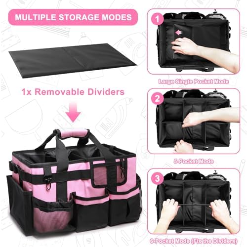 Large Wearable Cleaning Caddy Bag, Pink Tool Bag with Adjustable Shoulder Straps & Divider, 14 inch Cleaning Supplies Organizer for Housekeepers & Cleaners