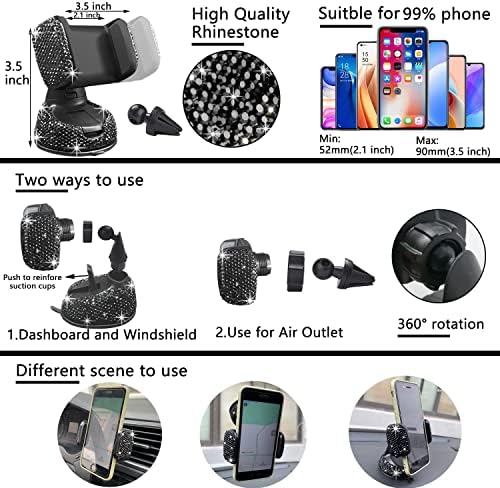 27 PCs Black Bling Car Accessories Set for Women, Steering Wheel Covers Universal Fit 15 Inch, Bling License Plate Frame, Bling Phone Holder, Bling Car Coasters (Black Diamond)