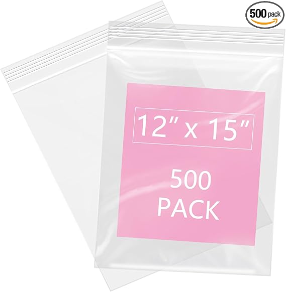 iMailer - 500 Pcs- 12" x 15" Large Plastic Zip Poly Bags- Clear Zip Storage Bag for Clothing, T-Shirts, Pants