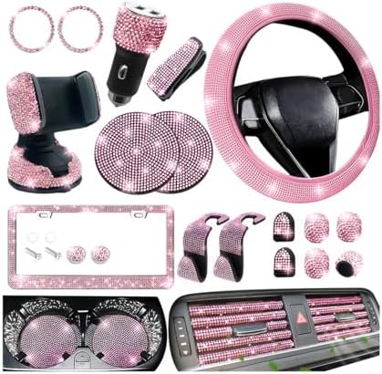 27 Pack 14.5-15 Inch Rhinestone Car Accessory Set, Pink