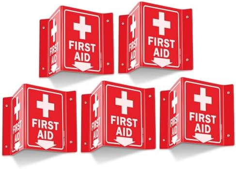 First Aid Sign, 5 Pack First Aid with Cross Symbol - 6 x 8 Inches V-Shaped Acrylic Plastic, 4 Pre-Drilled Holes, Includes Matching Screws, Use for Home Office/Business