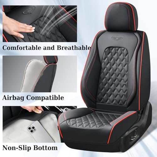 Full Set Car Seat Covers, Luxury Faux Leather Waterproof Seat Covers, 5-Seat Universal Fit, Front & Back Car Seat Protectors,Leather Seat Covers for Most Cars-Black & Red Line
