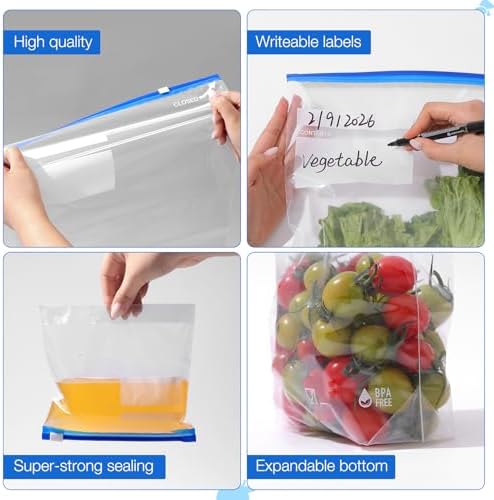 Slider Storage Bags 2 Gallon 88 Count BPA Free, Expandable Bottom for Food Storage Refrigeration & Freezer Safe Multi-Purpose Easy-Write Zip Bags for Kitchen Travel & Organization