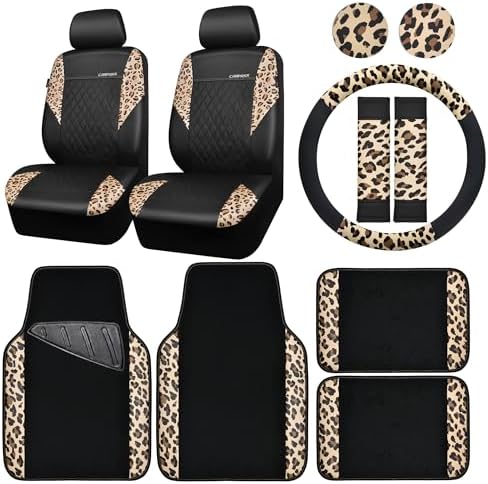 Leopard Print Faux Leather Car Seat Covers & Leopard Car Mats&Leopard Steering Wheel Cover Seat Belt Pad Universal Car Accessories for SUV,Van,Saden,Truck Automobile Interior Sets