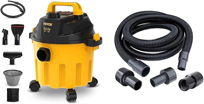 VEVOR 2.6 Gallon Wet Dry Vacuum with Blowing Function, POWERTEC 10 Ft. Dust Collection Hose Kit with 5 Fittings for Wood
