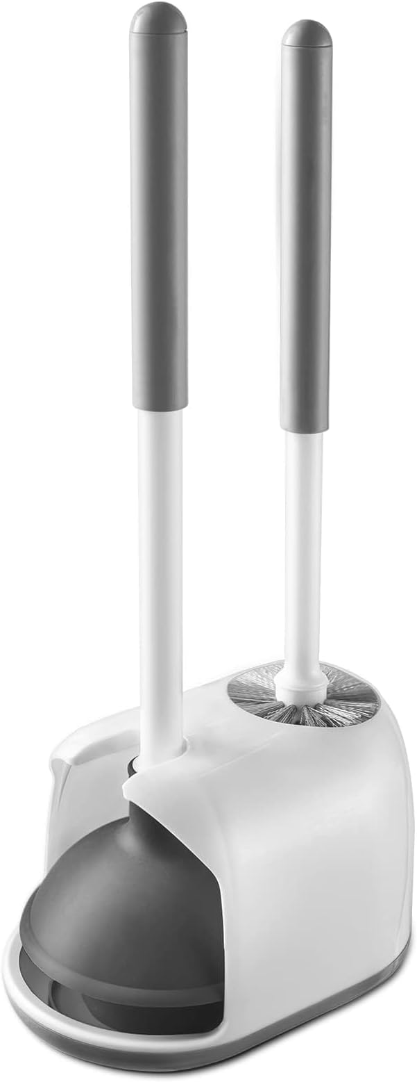Eyliden Toilet Plunger and Brush Set | 2-in-1 Bathroom Cleaning Tools with Holder | Unclogs Toilets, Deep Cleans Bowls | Compact Caddy Stand | Nylon Bristles, Durable Plastic, White