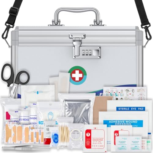 First Aid Kit (180 Supplies), Combo Lock Medicine Box, 12"x7"x7.5"