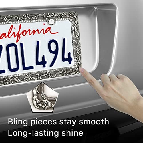 Metal Car License Plate Frames,Antique Old Pattern Printing, Bling Crystal Rhinestones Inlaid,Universal 2 Holes Automotive Replacement Parts Plate Holder(1 Pack)