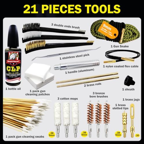 9mm Gun Cleaning Kit with 30ml Oil, Snake & Bronze Brush with Portable Case