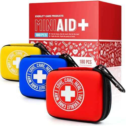 Mini-Aid First Aid Kit | Compact & Lightweight Case with Carabiners for Travel | Family & Kid Friendly 180 Pcs Wound Care Supplies for School, Work, Outdoor, Home & Office | Pack of 3