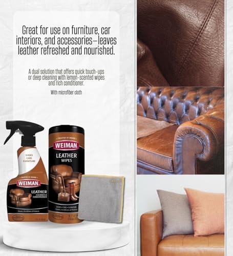 Weiman Leather Cleaner and Conditioner Couch 12 oz Liquid Bundle with Leather Wipes + Microfiber Towel – Cleans, Moisturizes, and Protects Surfaces from UV Damage – Gift Set (3 Items)