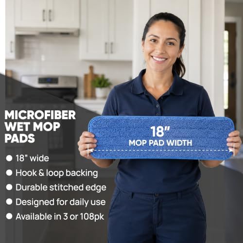 18 inch Microfiber Mop Pads - Machine Washable, Reusable, Refills & Replacement Wet Mop Heads Compatible with Any Microfiber Flat Mop System (3 Pack)