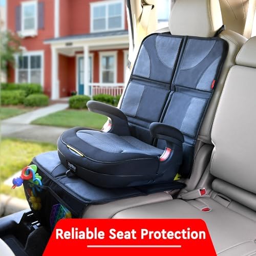 XL Car Seat Protector - 2 Pack Car Seat Cover for Child Carseat with Thickest Padding, 600D Oxford, Waterproof & Durable Fabric, Non-Slip Back, 2 Mesh Storage Pockets, Black