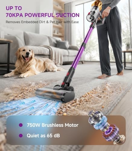 Cordless Vacuum Cleaner, 750W 70KPA Vacuum Cleaners for Home, 75Mins Stick Vacuum Cordless Rechargeable with Anti-Tangle, 8-in-1 Lightweight Wireless Vacuum for Pet Hair Hardwood Floors Carpet