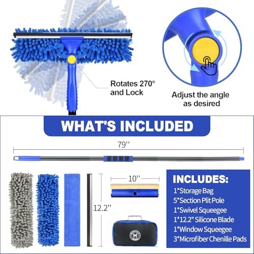 4-in-1 Window Squeegee, 79'' Window Cleaner Tool with Extension Pole, Window Cleaning Kit with Storage Bag, Rotatable Window Washing Kit Equipment for Home, Outdoor High Windows, Glass, Shower