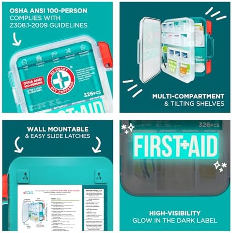 First Aid Kit, Teal, 326 Piece, Exceeds OSHA and ANSI Guidelines 100 People - Office, Home, Car, School, Emergency, Survival, Camping, Hunting and Sports