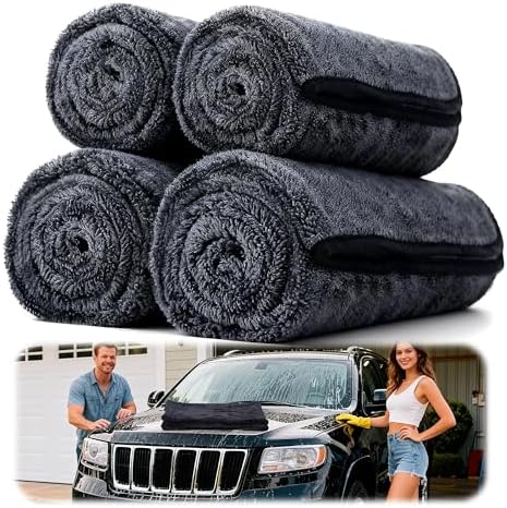 Car Drying Towels - 4 Pack Black Microfiber Detailing Cloths, 36 x 24 In