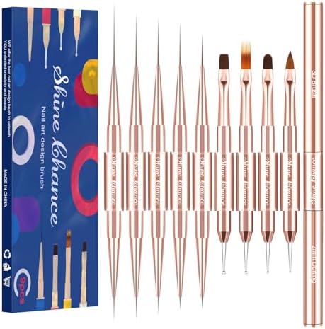 9Pcs Nail Art Brushes Set, Professional Double-Ended Acrylic Liner Detail Brushes for Gel Polish Art Nail, 3D Art Nail Dotting Brush Pen for Manicure DIY Home Salon, Rosegold