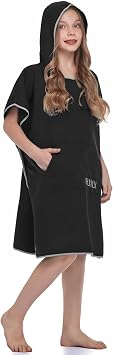 Beach Changing Towel Surf Poncho Robe Hooded Wetsuit Adjustable Sleeves Surfing Swimming Bathing (Black, Small - Fit for
