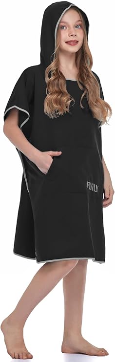 Beach Changing Towel Surf Poncho Robe Hooded Wetsuit Adjustable Sleeves Surfing Swimming Bathing (Black, Small - Fit for