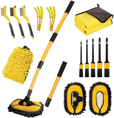 Car Wash Brush with Long Handle, 55 inch Car Wash Mop Car Wash Kit Mitt Retractable Bent Pole Car Wash Brush for Cars RV Truck Boat