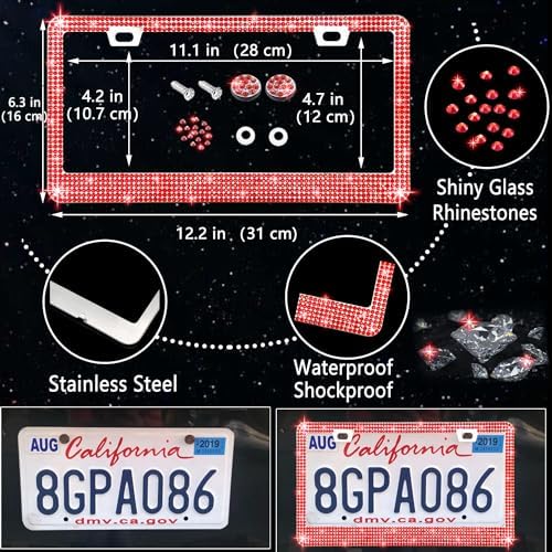 27 PCs Red Bling Car Accessories Set for Women, Steering Wheel Covers Universal Fit 15 Inch, Bling License Plate Frame, Bling Phone Holder, Bling Car Coasters (Red Diamond)