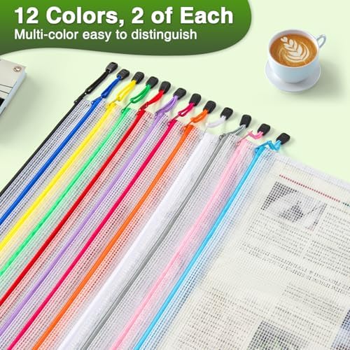 24 Pack A3 Mesh Zipper Bags, 16.9x12.4 12 Colors Storage Pouches