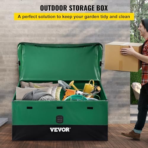 Outdoor Storage Box, 150 Gallon Waterproof PE Tarpaulin Deck Box w/Galvanized Frame, All-Weather Protection & Portable, for Camping, Garden, Poolside, and Yard, Black & Green