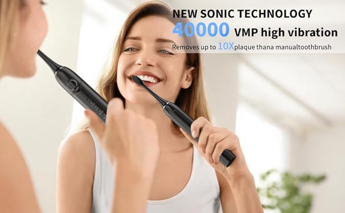 Sonic Electric Toothbrush - 40,000 VPM Power Toothbrush with 5 Modes, Smart Timer & Mode Memory, IPX7 Waterproof, 30 Days Battery Life with Inductive Charger, 8 Brush Head (Black)