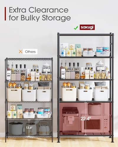 Storage Shelves - 5 Tier Shelf Organizer, Heavy Duty Garage Shelving Unit with Leveling Feet, Stable Metal Shelves Organizer for Pantry, Kitchen and Closet, 33.0" W x 12.6" D x 72.0" H, Black