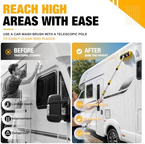 12FT Car Wash Brush with Long Handle, Car Cleaning Brush with 12 Inch Soft Bristle and Soap Dispenser, Solar Panels Cleaner with Telescoping Pole for RV, Truck, Boat, House Siding, Yellow