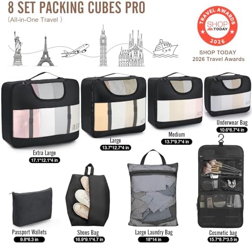 10 Set/8 Set Packing Cubes for Travel Essentials,Anti-Wrinkle Buckled Suitcase Organizer for Shoe & Toiletry Bag,Carry On Luggage Bag for Airplane & College Dorm Room Accessories,Women Men Gifts