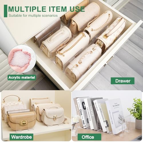2 Pack Acrylic Purse Organizer for Closet, 8-Slot Bag & Purse Organizer, No Assembly, Clear Handbag Storage Shelf.for Shelf Divider Handbags, Clothes, Sweater
